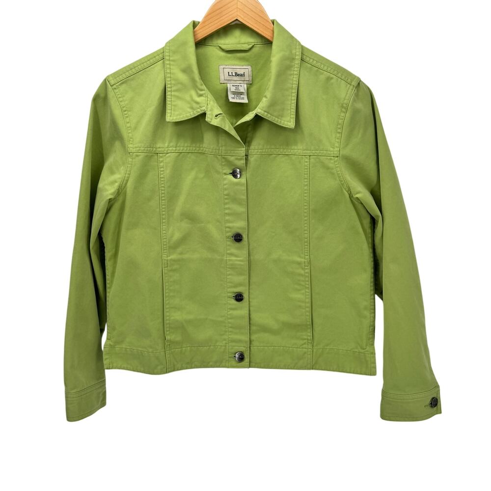 LL Bean Jacket Womens Small Green Denim Trucker Cropped Button Up + Pockets